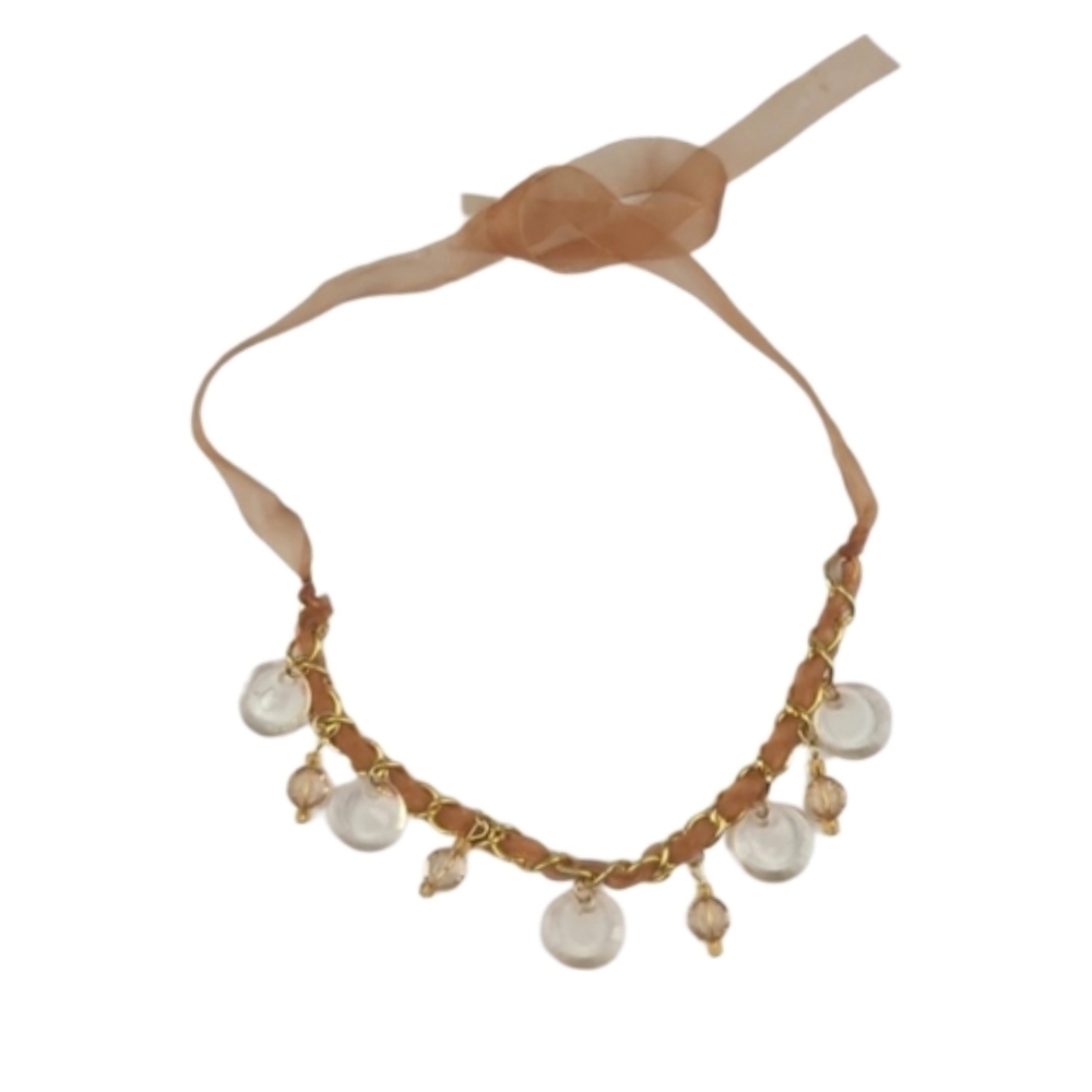 90's Vintage Clear Beaded Tie-Close Ribbon Choker Necklace